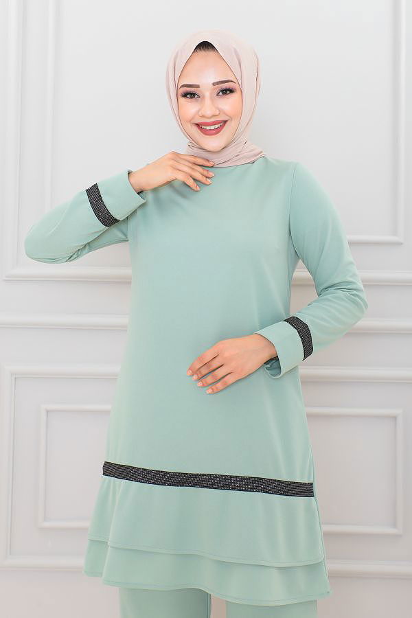 Fırfır Detay İkili Tesettür Takım-3130 Mintyeşili