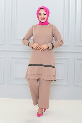 Modaebva - Fırfır Detay İkili Tesettür Takım-3130 Vizon