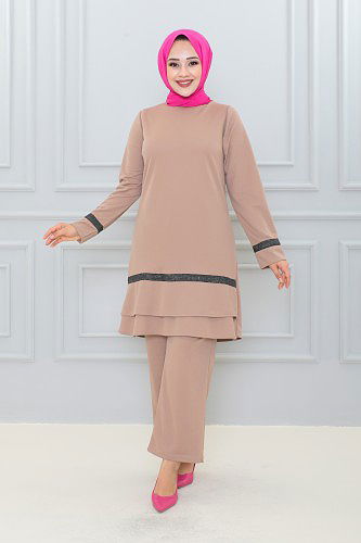 Fırfır Detay İkili Tesettür Takım-3130 Vizon - Thumbnail