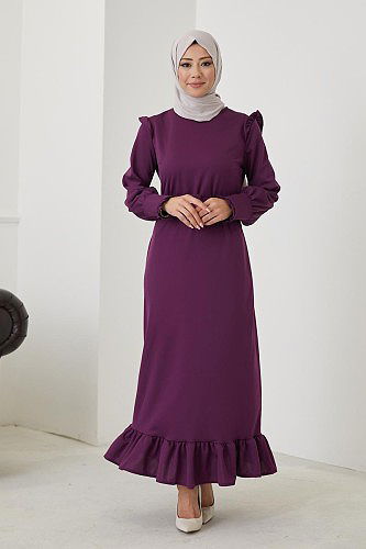 Modaebva - Fırfır Detay Kemerli Tesettür Elbise-3031 Mor