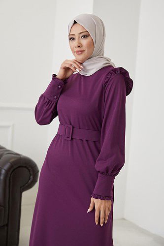 Modaebva - Fırfır Detay Kemerli Tesettür Elbise-3031 Mor (1)