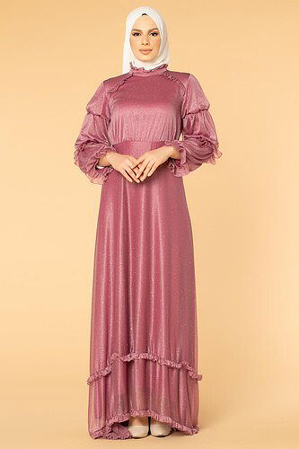 Fırfır Detay Kuyruklu Tesettür Abiye-0620 Gülkurusu - Thumbnail