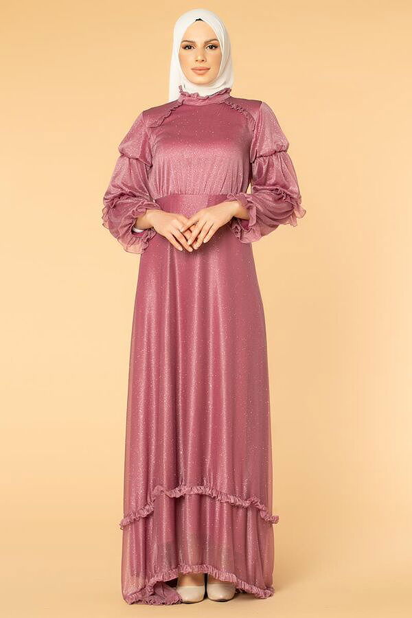 Fırfır Detay Kuyruklu Tesettür Abiye-0620 Gülkurusu