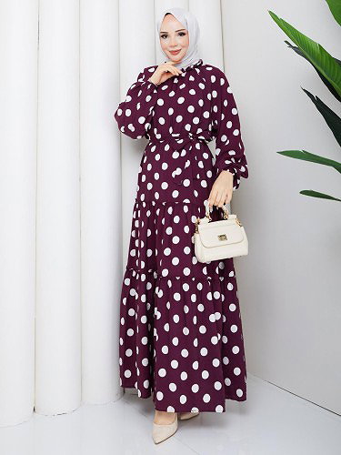 Modaebva - Fırfır Detaylı Puantiye Elbise-5247 Bordo