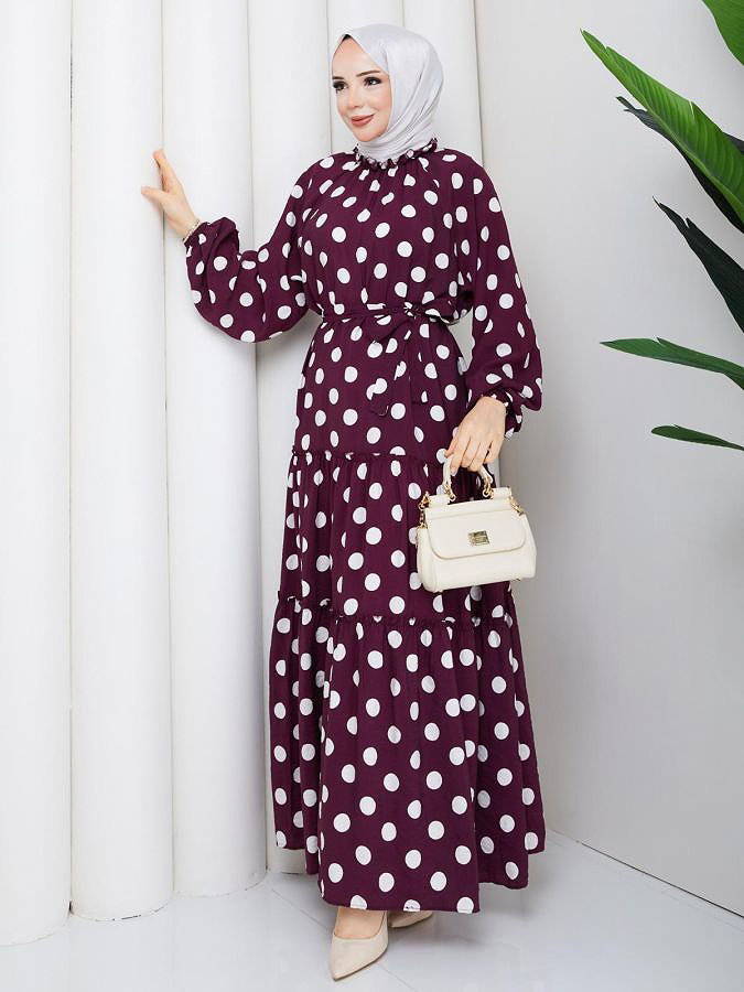 Fırfır Detaylı Puantiye Elbise-5247 Bordo