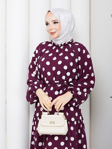 Modaebva - Fırfır Detaylı Puantiye Elbise-5247 Bordo (1)