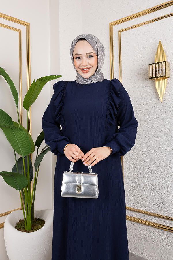 Fırfır Detaylı Tesettür Elbise-5025 Lacivert