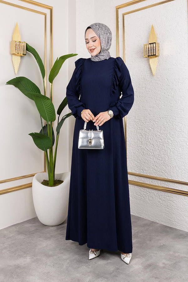 Fırfır Detaylı Tesettür Elbise-5025 Lacivert