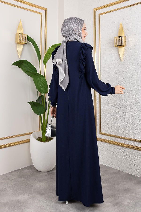 Fırfır Detaylı Tesettür Elbise-5025 Lacivert