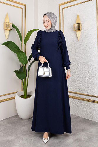 Fırfır Detaylı Tesettür Elbise-5025 Lacivert - Thumbnail