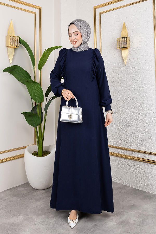 Fırfır Detaylı Tesettür Elbise-5025 Lacivert