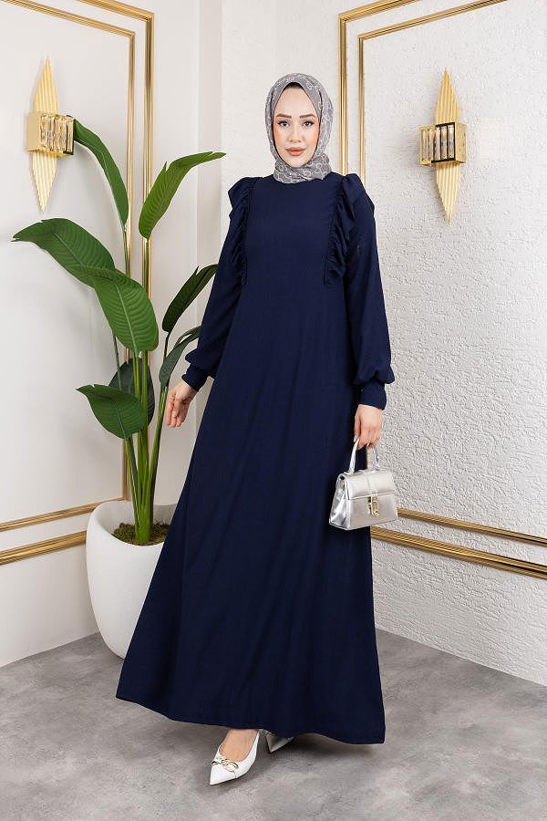 Fırfır Detaylı Tesettür Elbise-5025 Lacivert