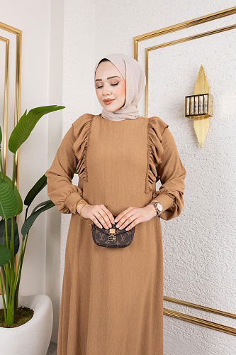 Fırfır Detaylı Tesettür Elbise-5025 Latte - Thumbnail