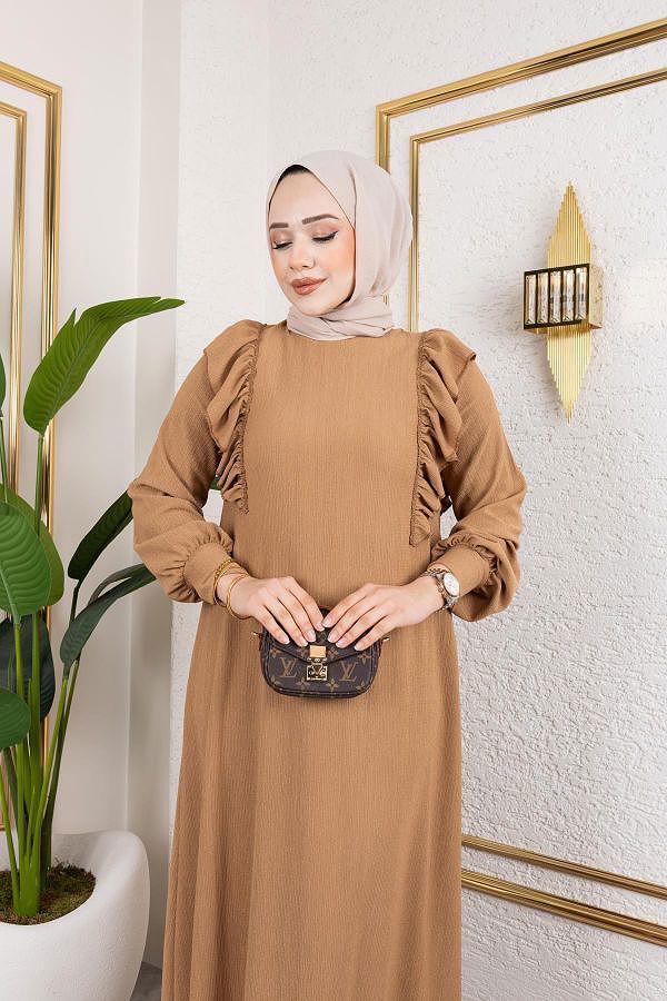 Fırfır Detaylı Tesettür Elbise-5025 Latte