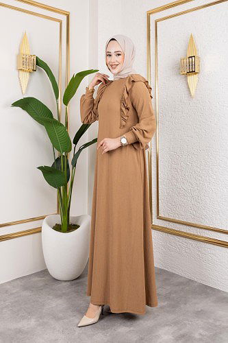 Fırfır Detaylı Tesettür Elbise-5025 Latte - Thumbnail