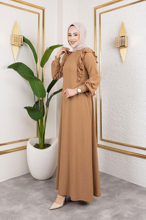 Fırfır Detaylı Tesettür Elbise-5025 Latte