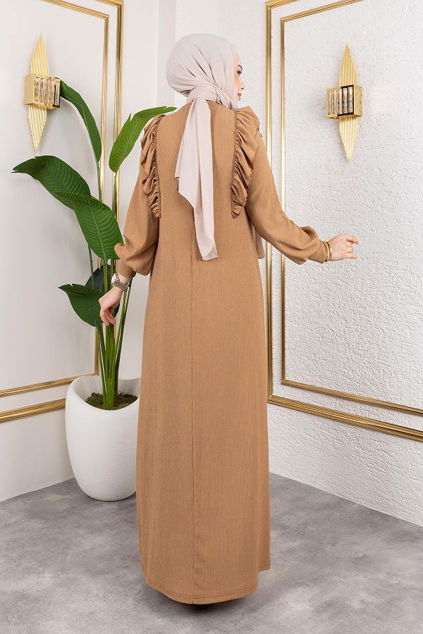 Fırfır Detaylı Tesettür Elbise-5025 Latte