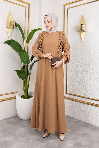 Fırfır Detaylı Tesettür Elbise-5025 Latte - Thumbnail