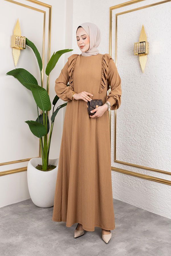 Fırfır Detaylı Tesettür Elbise-5025 Latte