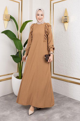 Modaebva - Fırfır Detaylı Tesettür Elbise-5025 Latte (1)