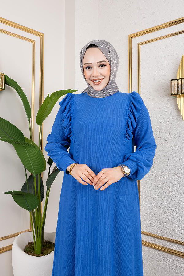 Fırfır Detaylı Tesettür Elbise-5025 Saks mavisi