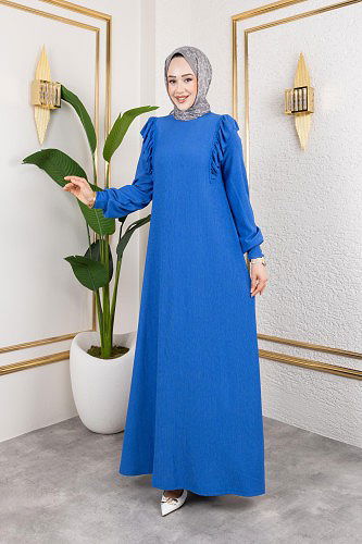 Modaebva - Fırfır Detaylı Tesettür Elbise-5025 Saks mavisi