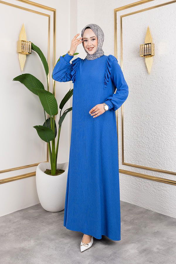 Fırfır Detaylı Tesettür Elbise-5025 Saks mavisi