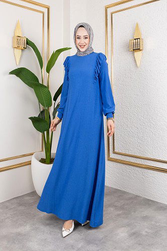 Modaebva - Fırfır Detaylı Tesettür Elbise-5025 Saks mavisi (1)