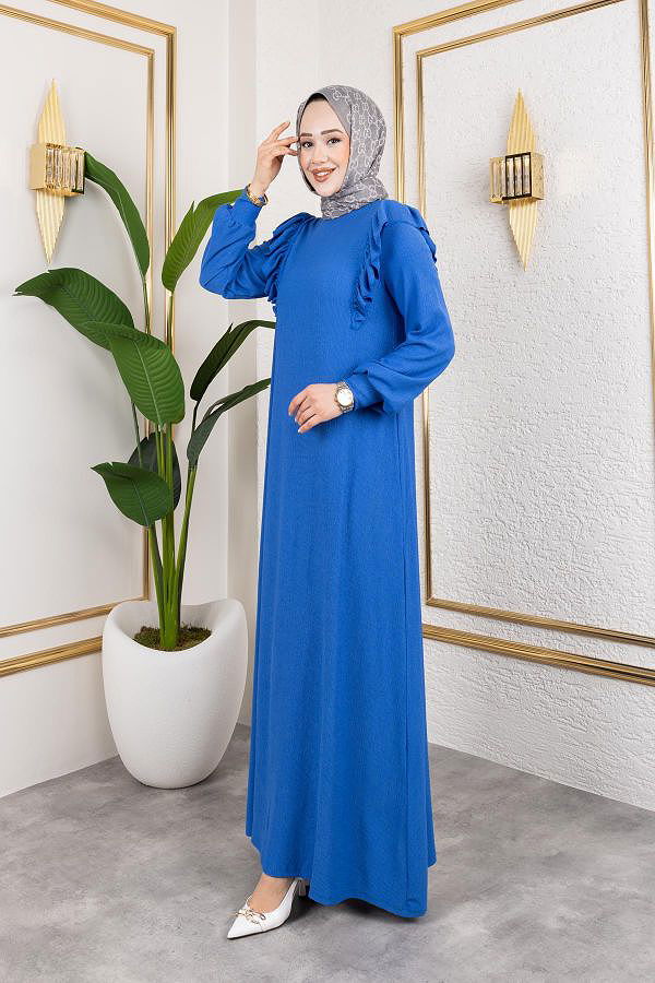 Fırfır Detaylı Tesettür Elbise-5025 Saks mavisi