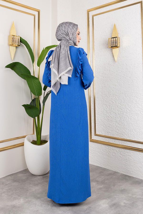 Fırfır Detaylı Tesettür Elbise-5025 Saks mavisi
