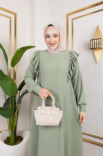 Fırfır Detaylı Tesettür Elbise-5025 Su yeşili - Thumbnail