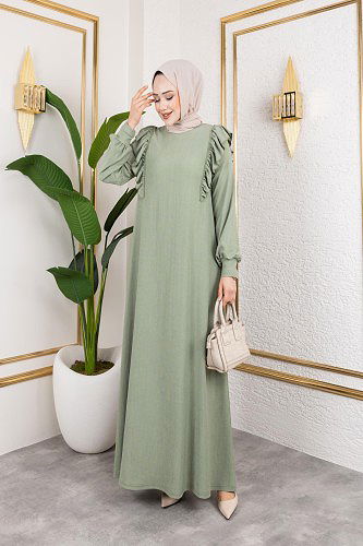 Fırfır Detaylı Tesettür Elbise-5025 Su yeşili - Thumbnail