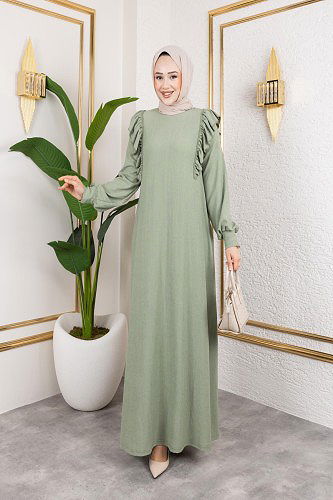 Modaebva - Fırfır Detaylı Tesettür Elbise-5025 Su yeşili (1)