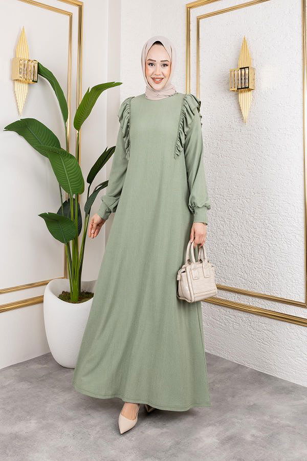 Fırfır Detaylı Tesettür Elbise-5025 Su yeşili
