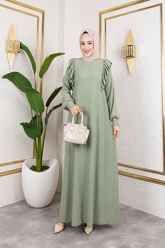 Fırfır Detaylı Tesettür Elbise-5025 Su yeşili - Thumbnail