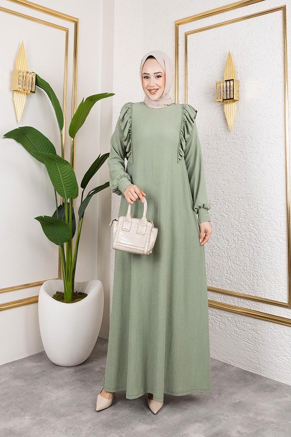 Fırfır Detaylı Tesettür Elbise-5025 Su yeşili