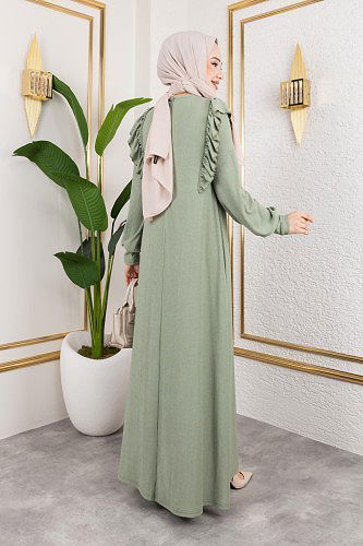 Fırfır Detaylı Tesettür Elbise-5025 Su yeşili - Thumbnail