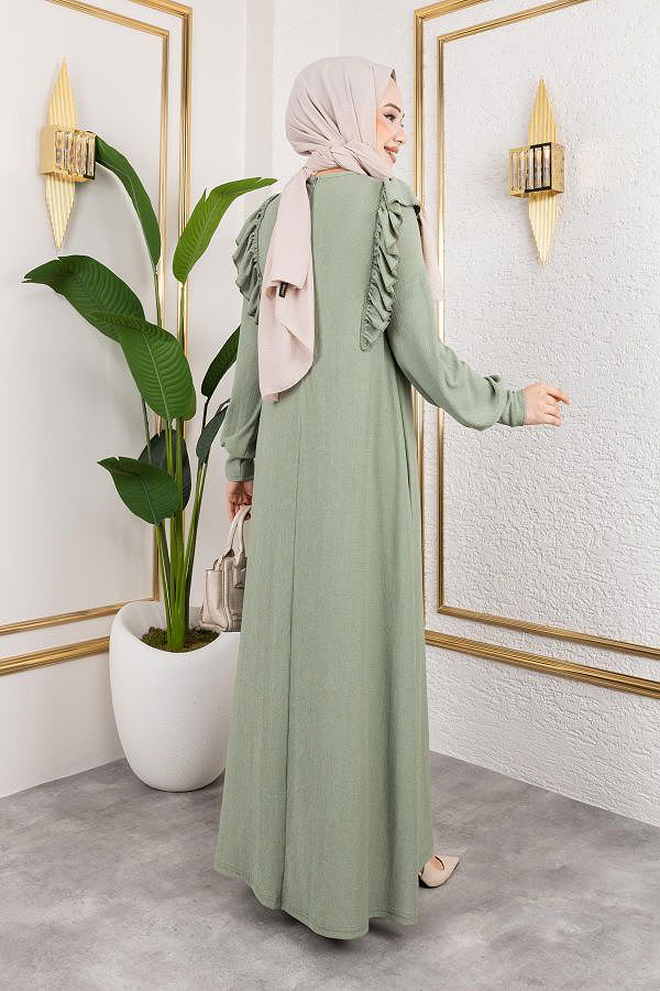 Fırfır Detaylı Tesettür Elbise-5025 Su yeşili