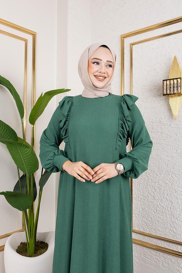 Fırfır Detaylı Tesettür Elbise-5025 Yeşil