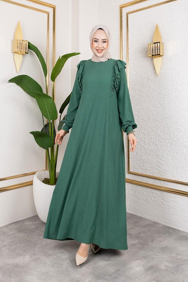 Fırfır Detaylı Tesettür Elbise-5025 Yeşil
