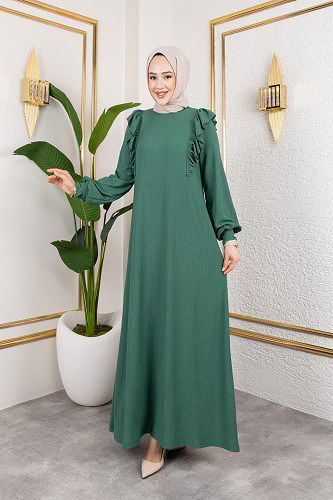 Fırfır Detaylı Tesettür Elbise-5025 Yeşil - Thumbnail