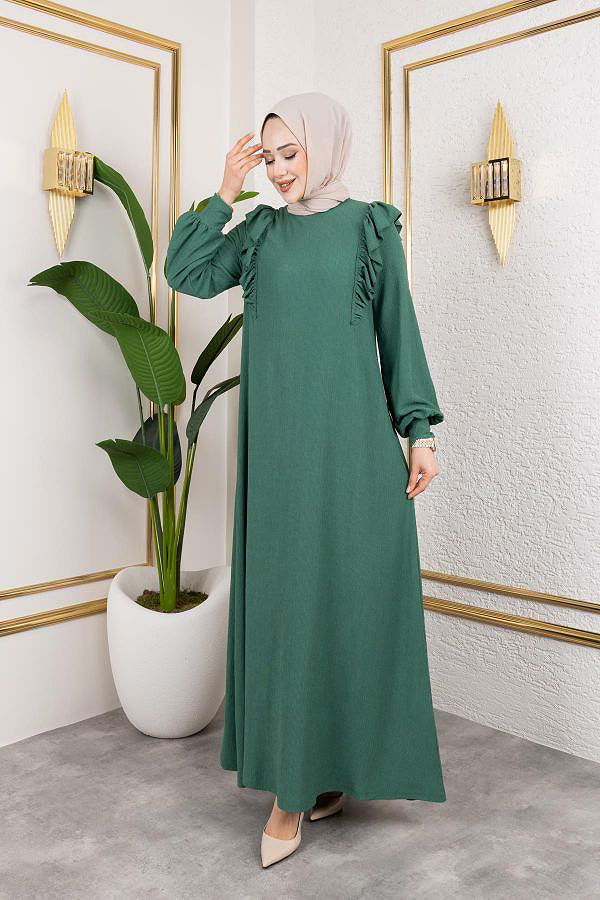 Fırfır Detaylı Tesettür Elbise-5025 Yeşil
