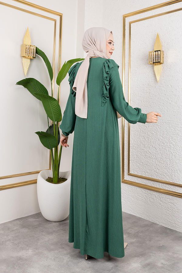 Fırfır Detaylı Tesettür Elbise-5025 Yeşil