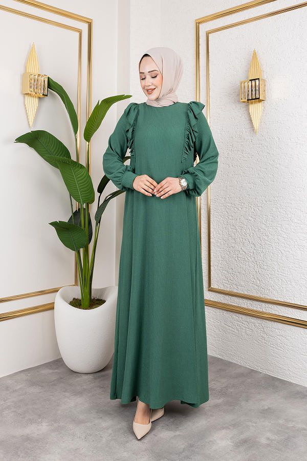 Fırfır Detaylı Tesettür Elbise-5025 Yeşil