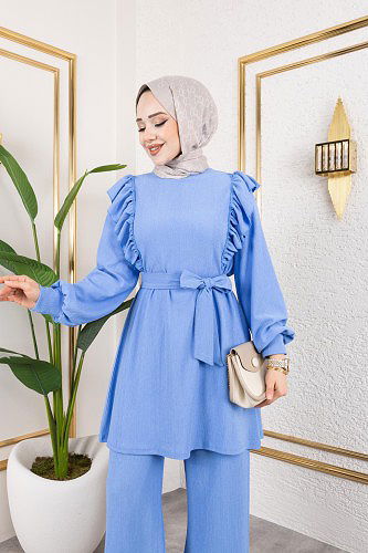 Fırfır Detaylı Tesettür Takım-3131 Bebe mavisi - Thumbnail
