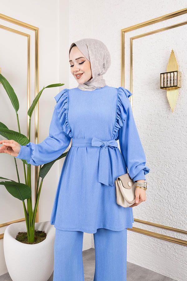 Fırfır Detaylı Tesettür Takım-3131 Bebe mavisi