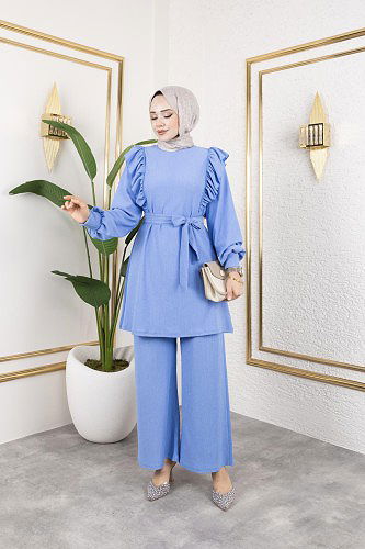 Fırfır Detaylı Tesettür Takım-3131 Bebe mavisi - Thumbnail