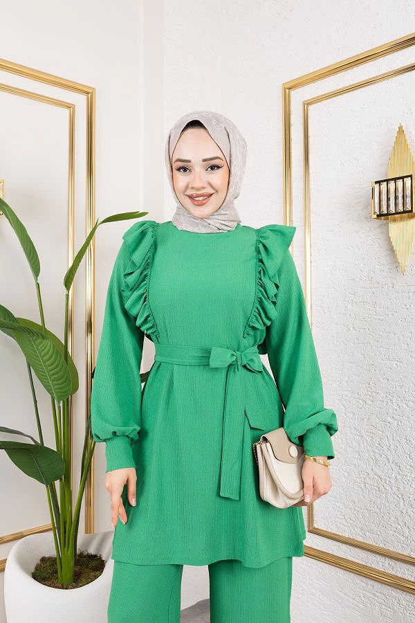 Fırfır Detaylı Tesettür Takım-3131 Benetton yeşili