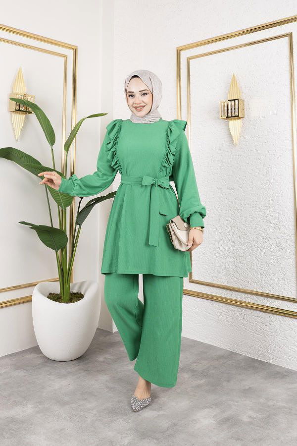 Fırfır Detaylı Tesettür Takım-3131 Benetton yeşili