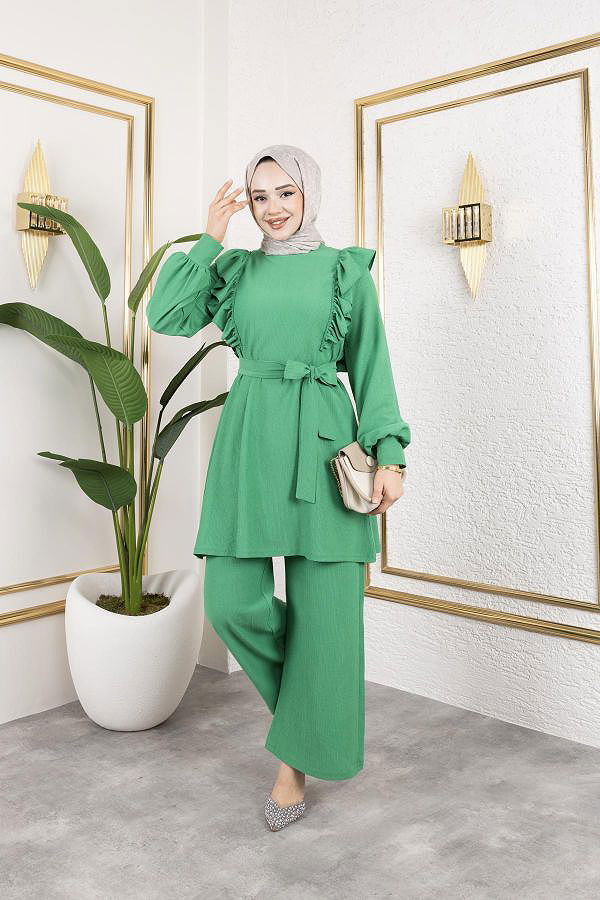 Fırfır Detaylı Tesettür Takım-3131 Benetton yeşili